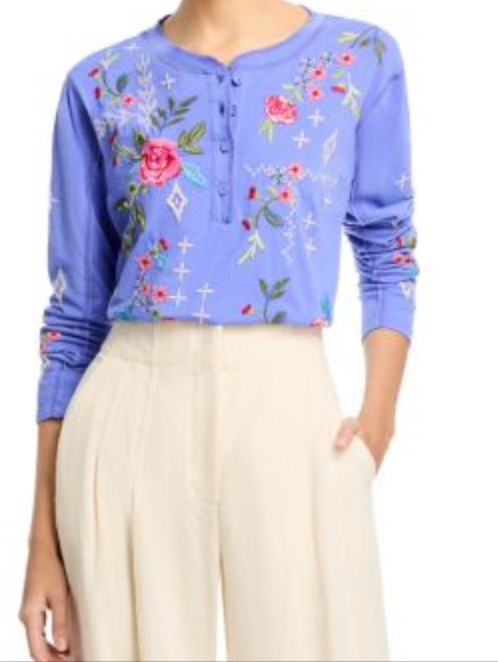 Johnny Was Raw Seam Catia Embroidered Henley Blue Long Sleeve Top Floral Large - Picture 13 of 15